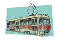 An old european ukrainian tram, hand drawn , sketch.